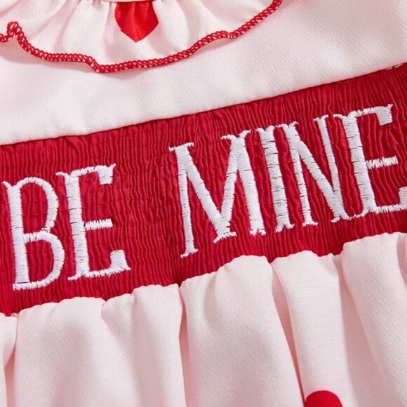 Valentine's Day Smocked 'Be Mine' Heart Print Baby Girls Bubble Romper - Picture 3 of 6